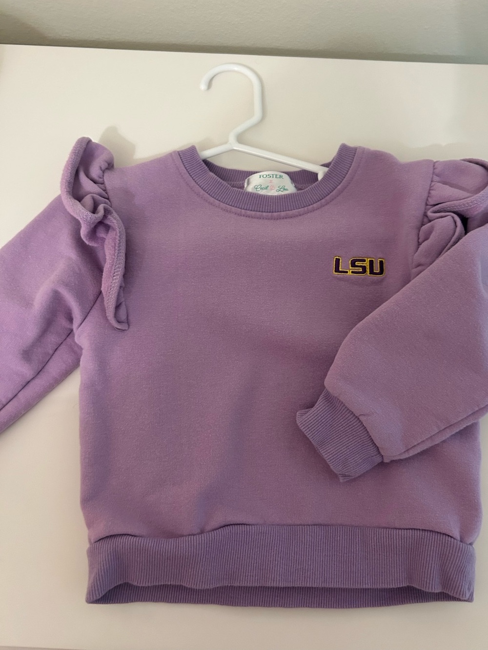 LSU Lavender Ruffle Shoulder Kids Sweatshirt